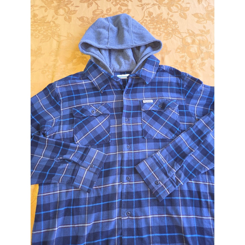 Columbia Mens Blue Plaid Hooded Flannel Shirt Omni-Wick AM0548 Size M